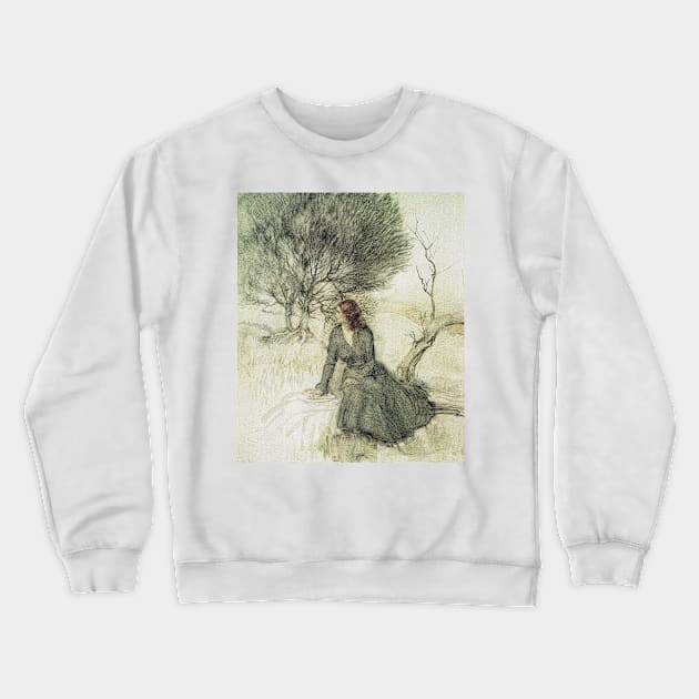 Girl sitting on the river bank  - Arthur Rackham Crewneck Sweatshirt by forgottenbeauty